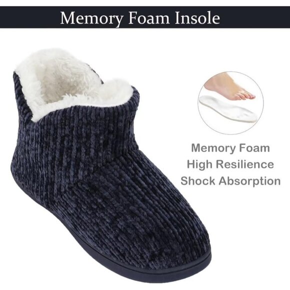 Women's Winter Warm Dark Blue Fluffy Fur Lined Plush Bootie Slippers Shoes - Picture 3 of 7